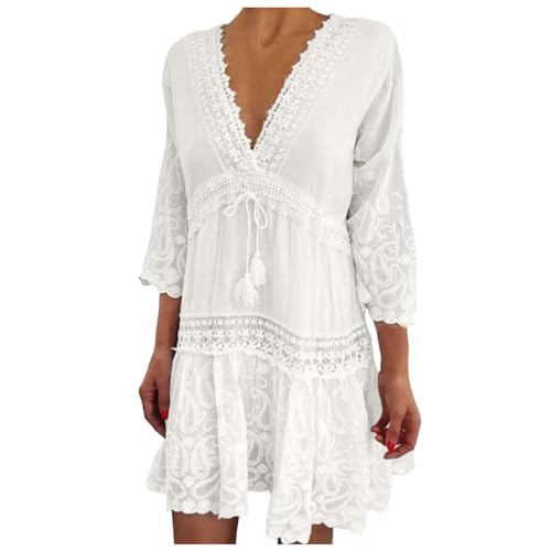 Sommerkleid Damen Knielang Elegant Boho Blumenkleid Spitzenkleid Strandkleider Midi Kurz Sommer Tunika Kleider Leicht Blusenkleid Mode Freizeitkleider Strandponcho Luftige Boho Beach Mini Dress von Generisch