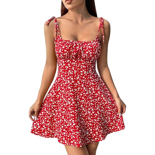Sommerkleid Damen Kurz Boho Vintage Blumenkleid Ärmellos Spaghettiträger Strandkleid A-Linie Quadratischer Ausschnitt Minikleider Elegant Tunika Kleid Freizeitkleid Partykleid 1#Rot L von Generisch