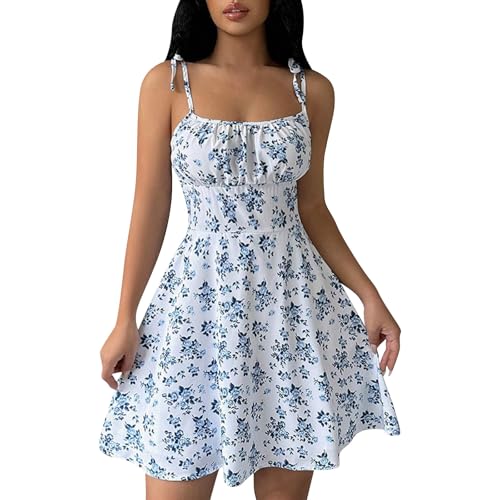 Sommerkleid Damen Kurz Boho Vintage Blumenkleid Ärmellos Spaghettiträger Strandkleid A-Linie Quadratischer Ausschnitt Minikleider Elegant Tunika Kleid Freizeitkleid Partykleid 1#Weiß S von Generisch