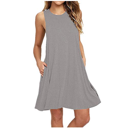 Sommerkleid Damen Kurz Damenkleider Rundhals Ärmellos Minikleid A Linie Sommerkleider Damen Leicht Und Luftig Kleider mit Taschen Kleid Frauen Casual Elegant Strandkleid Dünne Locker von Generisch