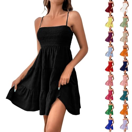 Sommerkleid Damen Kurz Strandkleid Sommer Leichte Freizeitkleid Elegant Spaghettiträger Lässig Ärmellos Minikleid A-Linie Kleid Einfarbig Swing Kleider Boho Trägerkleid Beach Party Camisole Dresses von Generisch