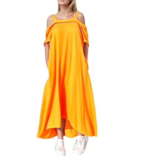 Sommerkleid Damen Lässiges Maxikleid mit offenen Schultern für Damen, Elegantes Kleider Sommer Maxikleid aus Baumwolle mit U-Ausschnitt (DE/NL/SE/PL, Alphanumerisch, M, Regular, Regular, Orange) von Generisch