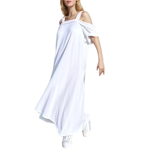 Sommerkleid Damen Lang 2025 Baumwolle Spaghetti-Träger Kleid Locker A-Linie Elegant Partykleid Casual Leicht Luftig Strandkleid (DE/NL/SE/PL, Alphanumerisch, XL, Regular, Regular, Weiß) von Generisch
