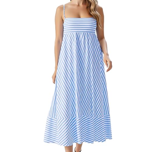 Sommerkleid Damen Lang 2025 Gestreifte Spaghetti-Träger Kleid Kurzarm A-Linie Kleid Casual Leicht Strandkleid (DE/NL/SE/PL, Alphanumerisch, M, Regular, Regular, weiß-blau) von Generisch