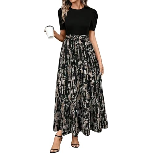 Sommerkleid Damen Lang A Linien Tunikakleid Hohe Taille Maxikleid Round-Ausschnitt Luftiges Strandkleid Mit Taschen Langer Plissee Dress Freizeitkleid Elastischem Bund Dunkelgrau M von Generisch