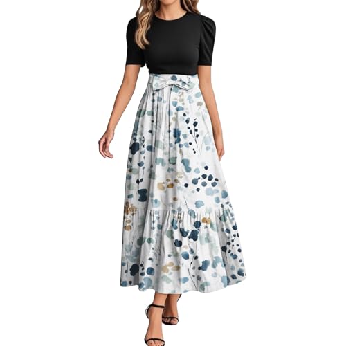 Sommerkleid Damen Lang A Linien Tunikakleid Hohe Taille Maxikleid Round-Ausschnitt Luftiges Strandkleid Mit Taschen Langer Plissee Dress Freizeitkleid Elastischem Bund Hellgrau XL von Generisch