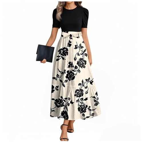 Sommerkleid Damen Lang A Linien Tunikakleid Hohe Taille Maxikleid Round-Ausschnitt Luftiges Strandkleid Mit Taschen Langer Plissee Dress Freizeitkleid Elastischem Bund 3#Beige L von Generisch
