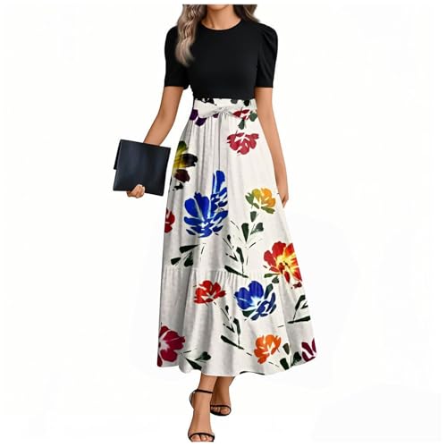 Sommerkleid Damen Lang A Linien Tunikakleid Hohe Taille Maxikleid Round-Ausschnitt Luftiges Strandkleid Mit Taschen Langer Plissee Dress Freizeitkleid Elastischem Bund 3#Blau L von Generisch