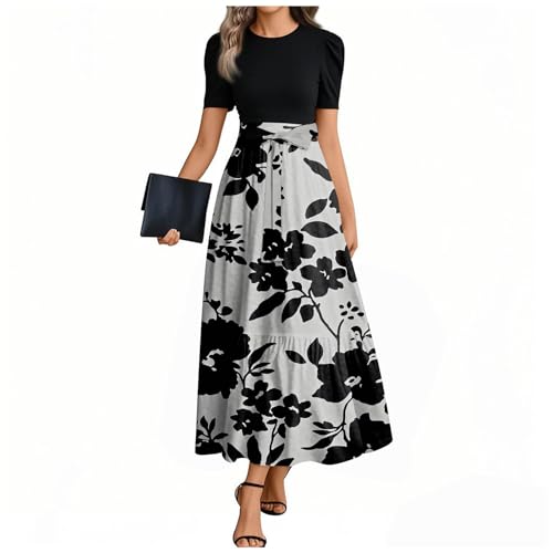 Sommerkleid Damen Lang A Linien Tunikakleid Hohe Taille Maxikleid Round-Ausschnitt Luftiges Strandkleid Mit Taschen Langer Plissee Dress Freizeitkleid Elastischem Bund 3#Grau XXL von Generisch