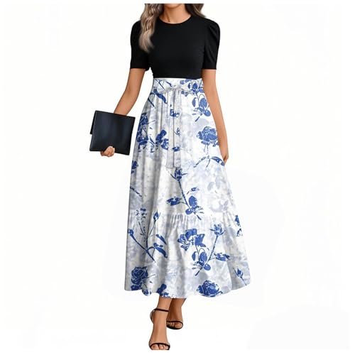 Sommerkleid Damen Lang A Linien Tunikakleid Hohe Taille Maxikleid Round-Ausschnitt Luftiges Strandkleid Mit Taschen Langer Plissee Dress Freizeitkleid Elastischem Bund 3#Hellblau XL von Generisch