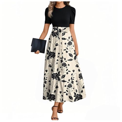 Sommerkleid Damen Lang A Linien Tunikakleid Hohe Taille Maxikleid Round-Ausschnitt Luftiges Strandkleid Mit Taschen Langer Plissee Dress Freizeitkleid Elastischem Bund 3#Khaki L von Generisch