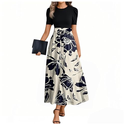 Sommerkleid Damen Lang A Linien Tunikakleid Hohe Taille Maxikleid Round-Ausschnitt Luftiges Strandkleid Mit Taschen Langer Plissee Dress Freizeitkleid Elastischem Bund 3#Marineblau XL von Generisch