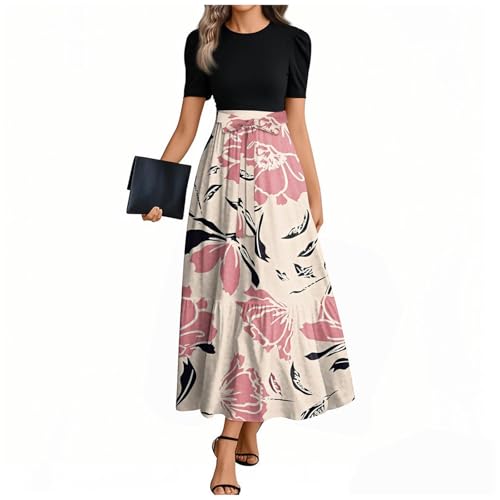 Sommerkleid Damen Lang A Linien Tunikakleid Hohe Taille Maxikleid Round-Ausschnitt Luftiges Strandkleid Mit Taschen Langer Plissee Dress Freizeitkleid Elastischem Bund 3#Rosa XXL von Generisch