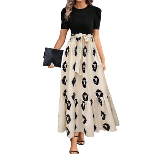 Sommerkleid Damen Lang A Linien Tunikakleid Langer Plissee Dress Blumenkleid Rüschen Patchwork Round-Ausschnitt Luftiges Partykleider Mit Taschen Hohe Taille Maxikleid Elastischem Bund von Generisch
