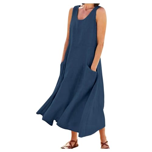 Sommerkleid Damen Lang Baumwolle Leinen Kleid Ärmellos Rundhals Lose Maxikleider Blusenkleid Elegant Boho Strandkleid mit Taschen Tankkleid Tshirt Kleider Freizeitkleid Sommer Damenkleider Festlich von Generisch
