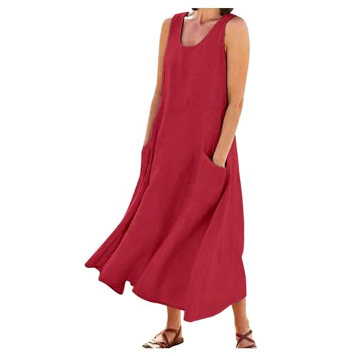 Sommerkleid Damen Lang Baumwolle Leinen Kleid Ärmellos Rundhals Lose Maxikleider Blusenkleid Elegant Boho Strandkleid mit Taschen Tankkleid Tshirt Kleider Freizeitkleid Sommer Damenkleider Festlich von Generisch