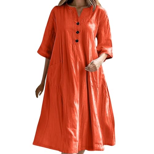 Sommerkleid Damen Lang Baumwolle Leinen Sommerkleider Damen Leicht und Luftig Midi Musselin Kleid Sommer Elegant A Linie Kleider Frauen Halbarm mit Taschen und Knopfleiste Strandkleid Locker von Generisch