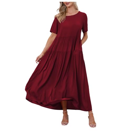 Sommerkleid Damen Lang Bohemian Casual Swing Fließend Maxikleid Kurzarm Rundhals Lässige Sommer Strand Lang Freizeitkleid Lose Elegant Gestuftes Strandkleider Mit Taschen von Generisch