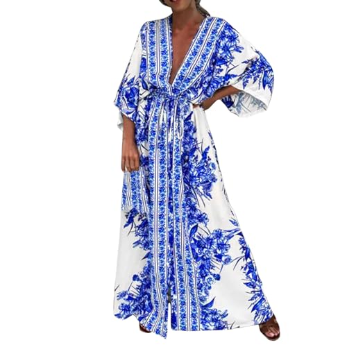 Sommerkleid Damen Lang Boho Aesthetic Wickelkleid Elegant Midi Kleid Boho Kleid Mit Ärmeln V-Ausschnitt Curvy Mode Sommer Sommer Outfits Sommerkleid Schwarz Knielang Freizeitkleider Damenkleider von Generisch
