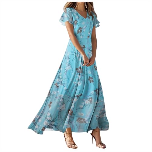 Sommerkleid Damen Lang Boho Kleid Elegant Blumenkleid V Ausschnitt Chiffon Sommerkleider Leicht Und Luftig Strandkleid Flatterärmel Blumen Kleider Frauen Sommer A Linie Maxi Partykleid Schwingen von Generisch