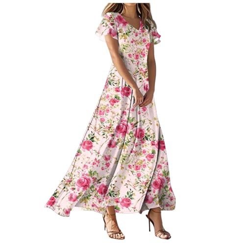 Sommerkleid Damen Lang Boho Kleid Elegant Blumenkleid V Ausschnitt Chiffon Sommerkleider Leicht Und Luftig Strandkleid Flatterärmel Blumen Kleider Frauen Sommer A Linie Maxi Partykleid Schwingen von Generisch