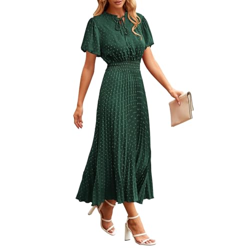 Sommerkleid Damen Lang Boho Kurzarm Tunika Kleid Hohe Taille Rüschen Wickelkleid V Ausschnitt Strandkleid mit Gürtel Einfarbig Maxikleid A-Linien Plissee Kleid 3#Dunkelgrün XXL von Generisch