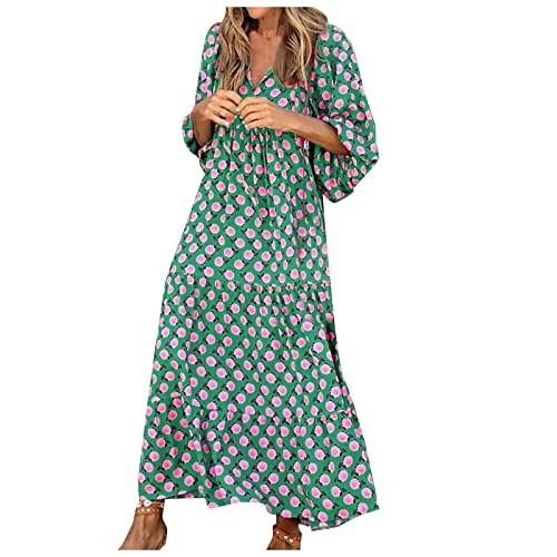 Sommerkleid Damen Lang Elegant Kleid Damen Sommer Maxi Kleider Kurzarm A Linie Sommerkleider V Ausschnitt Kordelausschnitt Strandkleid Leicht Maxikleid Rüschen Boho Kleid Puffärmel von Generisch