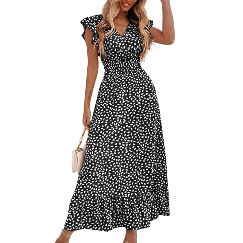Sommerkleid Damen Lang Elegant Maxikleid V Ausschnitt Sommerkleider A Linie Leicht Strandkleid Luftig Damenkleider Rüschen Kurzarm Volantkleider Empire Korsett Kleid Frauen Punkte Maxi von Generisch