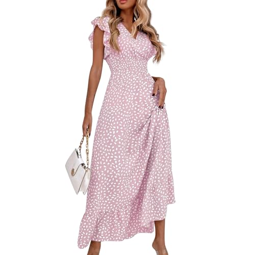 Sommerkleid Damen Lang Elegant Maxikleid V Ausschnitt Sommerkleider A Linie Leicht Strandkleid Luftig Damenkleider Rüschen Kurzarm Volantkleider Empire Korsett Kleid Frauen Punkte Maxi von Generisch