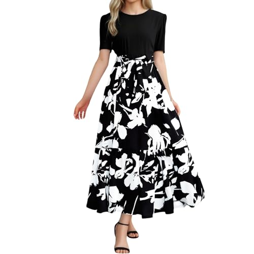 Sommerkleid Damen Lang Elegante Blumendruck Boho Kleid Kurzarm Rundhals Maxikleid Hohe Taille A-Linie Swing Blumenkleid Sommer Casual Leicht und Luftig Strandkleid Tunika Kleider mit Gürtel von Generisch