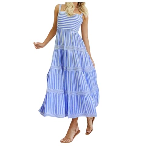 Sommerkleid Damen Lang Gestreift Rüschen Maxikleid Quadratischer Hals Ärmellos Träger Kleid Elegant Streifen Sommerkleider Damen Leicht und Luftig Swing Freizeitkleid Sommer Casual Lockere Maxikleid von Generisch