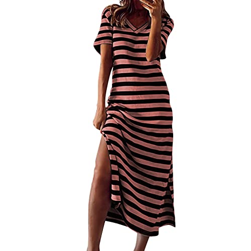 Sommerkleid Damen Lang Gestreifte T Shirt Kleid Maxikleid Kurzarm V-Ausschnitt Streifen LäSsiges Lockeres Tunika Entlüftung Shirtkleider Elegant Strandkleid Freizeitkleid 2025 ﻿ (XL) von Generisch