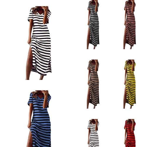 Sommerkleid Damen Lang Gestreifte T Shirt Kleid Sommer Maxikleid Kurzarm V-Ausschnitt Streifen LäSsiges Lockeres Tunika Kleider Mit Schlitz Shirtkleider Strandkleid von Generisch