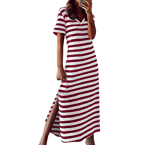 Sommerkleid Damen Lang - Gestreifte T Shirt Kleid Sommer Maxikleid V Ausschnitt Kurzarm Streifen Lässiges Lockeres Langes Tunika Kleider mit Schlitz Shirtkleider Strandkleid Freizeitkleid von Generisch