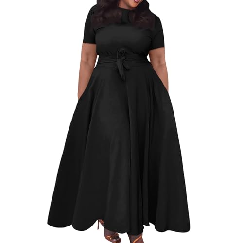 Sommerkleid Damen Lang Große Größen Kleid Damen Elegant A Linie Sommerkleider Leicht Und Luftig Kleid Kurzarm Für Mollige Kleider mit Gürtel Damenkleider Schwingen Maxi Strandkleid Big Size von Generisch