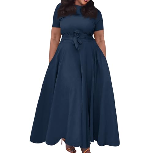 Sommerkleid Damen Lang Große Größen Kleid Damen Elegant A Linie Sommerkleider Leicht Und Luftig Kleid Kurzarm Für Mollige Kleider mit Gürtel Damenkleider Schwingen Maxi Strandkleid Big Size von Generisch