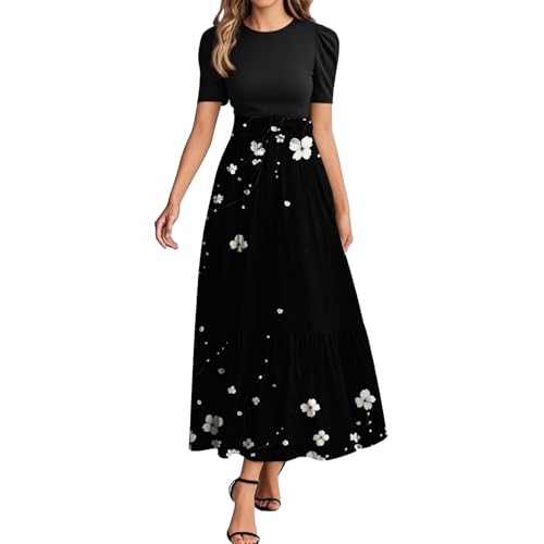 Sommerkleid Damen Lang Hohe Taille Maxikleid Round-Ausschnitt Luftiges Strandkleider Mit Taschen A Linien Dress Langer Freizeitrock Elastischem Bund Blumenkleid 4#Khaki L von Generisch