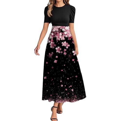 Sommerkleid Damen Lang Hohe Taille Maxikleid Round-Ausschnitt Luftiges Strandkleider Mit Taschen A Linien Dress Langer Freizeitrock Elastischem Bund Blumenkleid 4#Marine M von Generisch