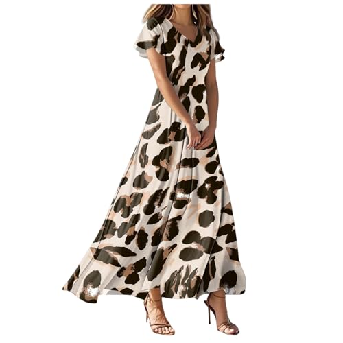 Sommerkleid Damen Leicht und Luftig Boho A Linie Kleid Elegant Blumenkleid V Ausschnitt Strandkleid Große Größen Sommer Maxikleid Festlich Blumen Lang Cocktailkleid Chiffonkleid (001-Brown, XL) von Generisch