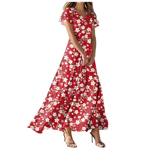 Sommerkleid Damen Lang Kleid Elegant Blumenkleid V Ausschnitt Chiffon Cocktailkleid Strandkleid Maxikleid Sommer A Linie Maxi Partykleid Festliches Outfit Damen(05-Red, XL) von Generisch