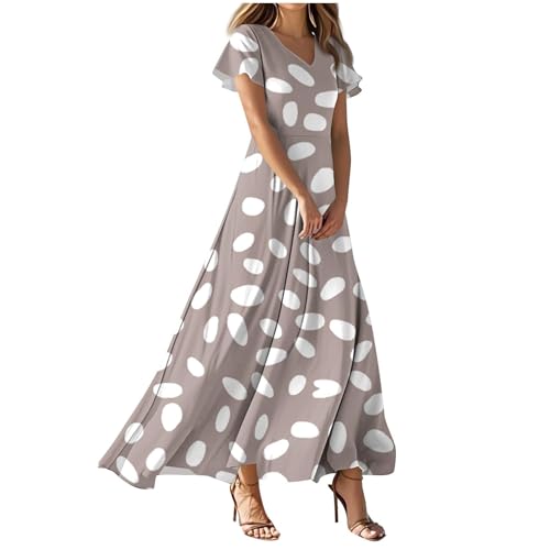 Sommerkleid Damen Lang Kleid Elegant Blumenkleid V Ausschnitt Chiffon Cocktailkleid Strandkleid Maxikleid Sommer A Linie Maxi Partykleid Strandkleid Damen Luftig(02-Khaki, XXL) von Generisch