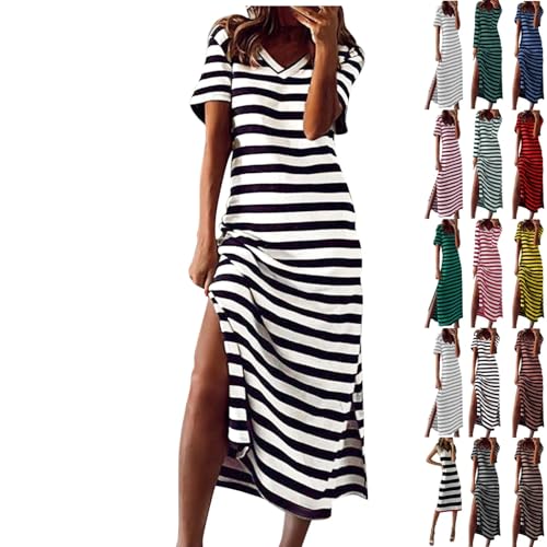 Sommerkleid Damen Lang Kurzarm V-Ausschnitt Sommer Maxikleid Gestreifte T Shirt Kleid Lässiges Strandkleid Lockeres Langes Tunika Kleider mit Schlitz Shirtkleider von Generisch