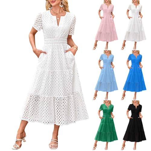 Sommerkleid Damen Lang Lochstickerei Maxikleid mit Taschen Kurzarm V-Ausschnitt Swing A Linie Kleider Rüschen Saum Sommerkleider Damen Leicht und Luftig Maxi Kleid Freizeitkleid von Generisch