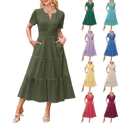 Sommerkleid Damen Lang Lochstickerei Maxikleid mit Taschen Kurzarm V-Ausschnitt Swing A Linie Kleider Rüschen Saum Sommerkleider Damen Leicht und Luftig Maxi Kleid Freizeitkleid von Generisch