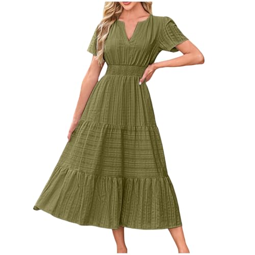 Sommerkleid Damen Lang Lochstickerei Maxikleid mit Taschen Kurzarm V-Ausschnitt Swing A Linie Kleider Rüschen Saum Sommerkleider Damen Leicht und Luftig Maxi Kleid Freizeitkleid von Generisch