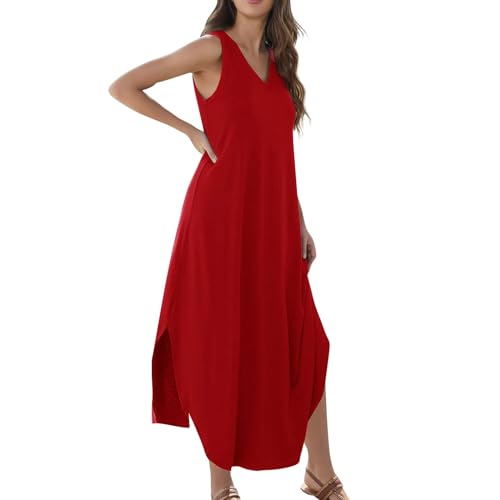 Sommerkleid Damen Lang Maxikleid Damen Sommer Elegant Kleider mit Schlitz Sommerkleider A Linie Luftig Damenkleider V Ausschnitt Strandkleid Leicht Ärmellos Tank Kleid Locker Casual von Generisch
