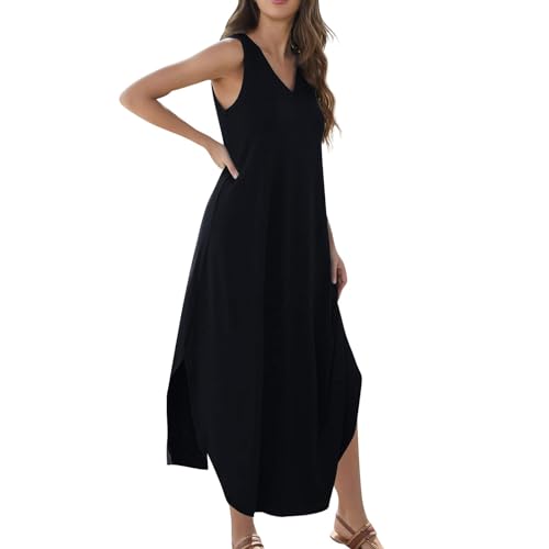 Sommerkleid Damen Lang Maxikleid Damen Sommer Elegant Kleider mit Schlitz Sommerkleider A Linie Luftig Damenkleider V Ausschnitt Strandkleid Leicht Ärmellos Tank Kleid Locker Casual von Generisch