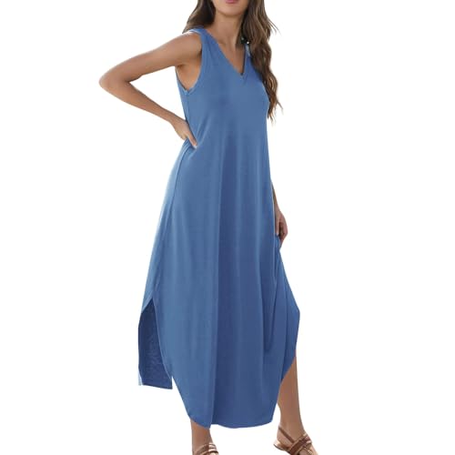 Sommerkleid Damen Lang Maxikleid Damen Sommer Elegant Kleider mit Schlitz Sommerkleider A Linie Luftig Damenkleider V Ausschnitt Strandkleid Leicht Ärmellos Tank Kleid Locker Casual von Generisch