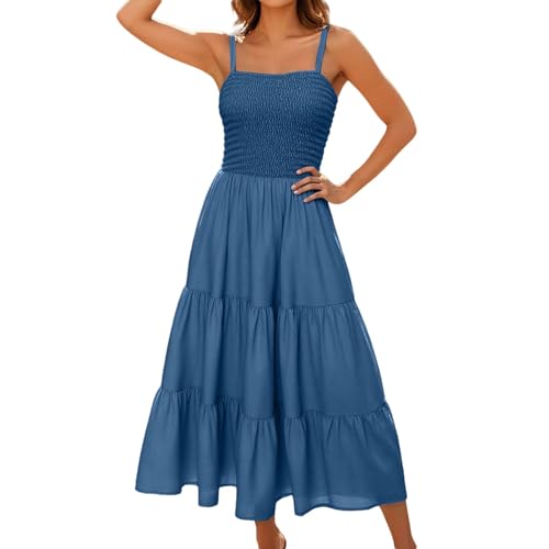 Sommerkleid Damen Lang Strandkleid Maxikleider Sommerkleider Maxi Dress a Linie Tunika Kleid Ärmellos Trägerkleid Elegant Spitzenbesatz Kleider Freizeitkleid Abendkleid Musselin Kleid Plisseekleid von Generisch