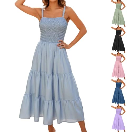Sommerkleid Damen Lang Strandkleid Maxikleider Sommerkleider Maxi Dress a Linie Tunika Kleid Ärmellos Trägerkleid Elegant Spitzenbesatz Kleider Freizeitkleid Abendkleid Musselin Kleid Plisseekleid von Generisch